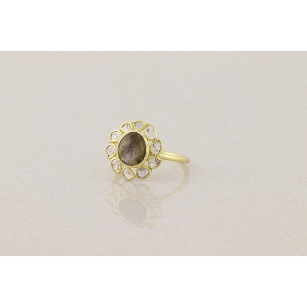 Gold Over Sterling Silver Natural Labradorite Polki Diamond Slice Ring Size 9.5 - Picture 5 of 7